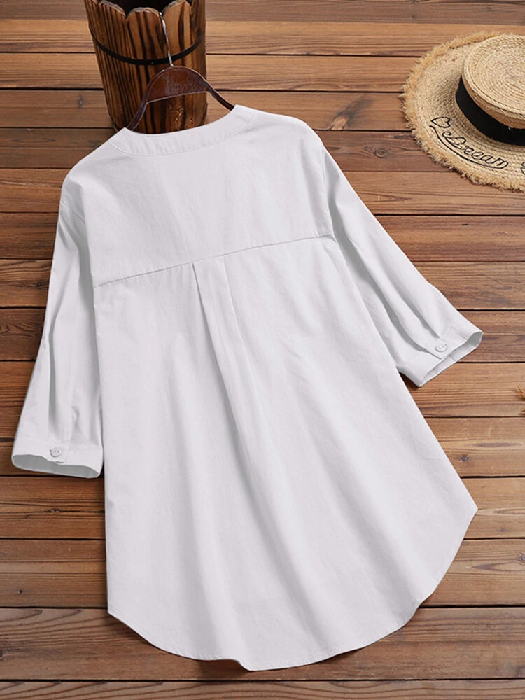 (image for) Solid Button Pocket High-Low Hem Casual Cotton Blouse