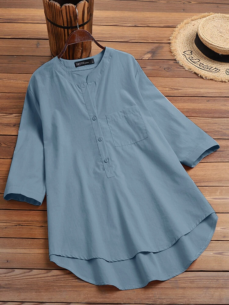 (image for) Solid Button Pocket High-Low Hem Casual Cotton Blouse