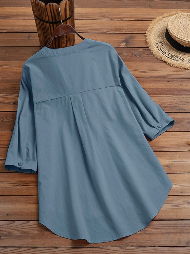 (image for) Solid Button Pocket High-Low Hem Casual Cotton Blouse