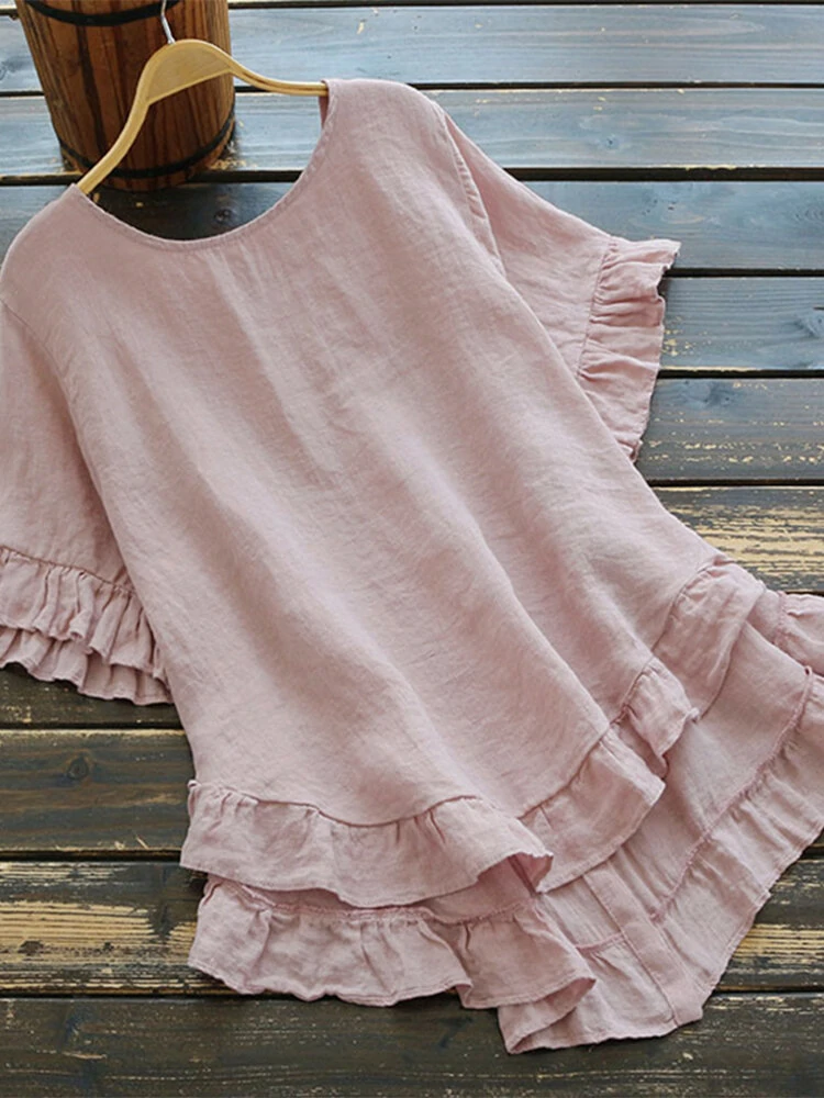 (image for) Solid Color O-neck Ruffle Sleeve Plain Casual Blouse For Women