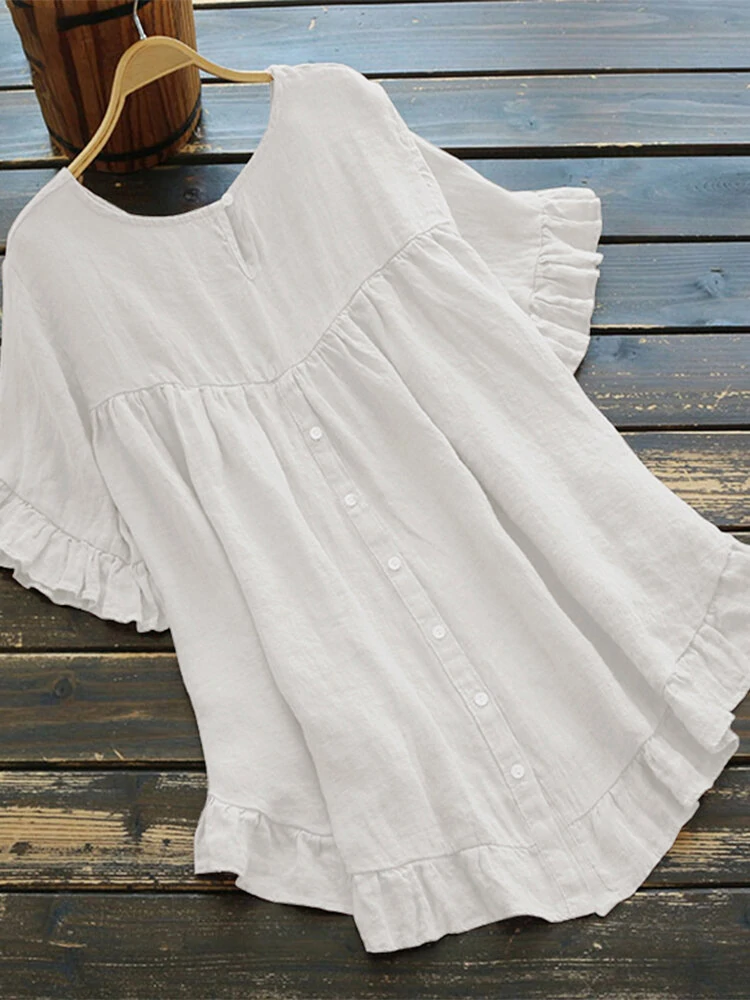 (image for) Solid Color O-neck Ruffle Sleeve Plain Casual Blouse For Women