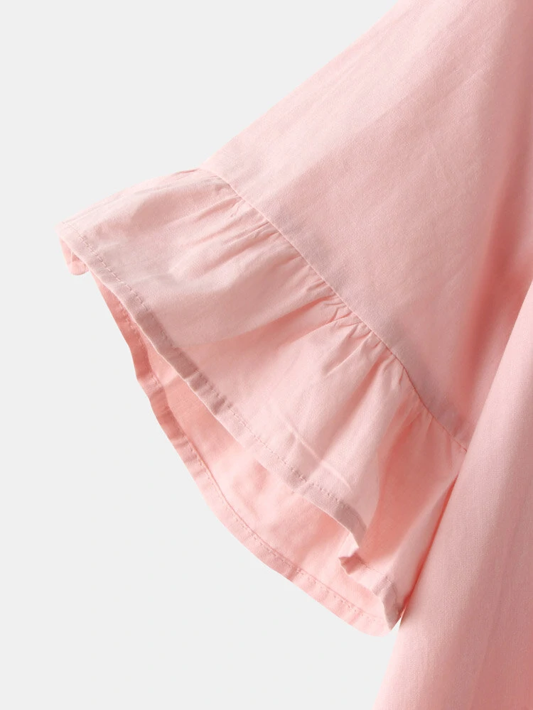 (image for) Solid Color O-neck Ruffle Sleeve Plain Casual Blouse For Women
