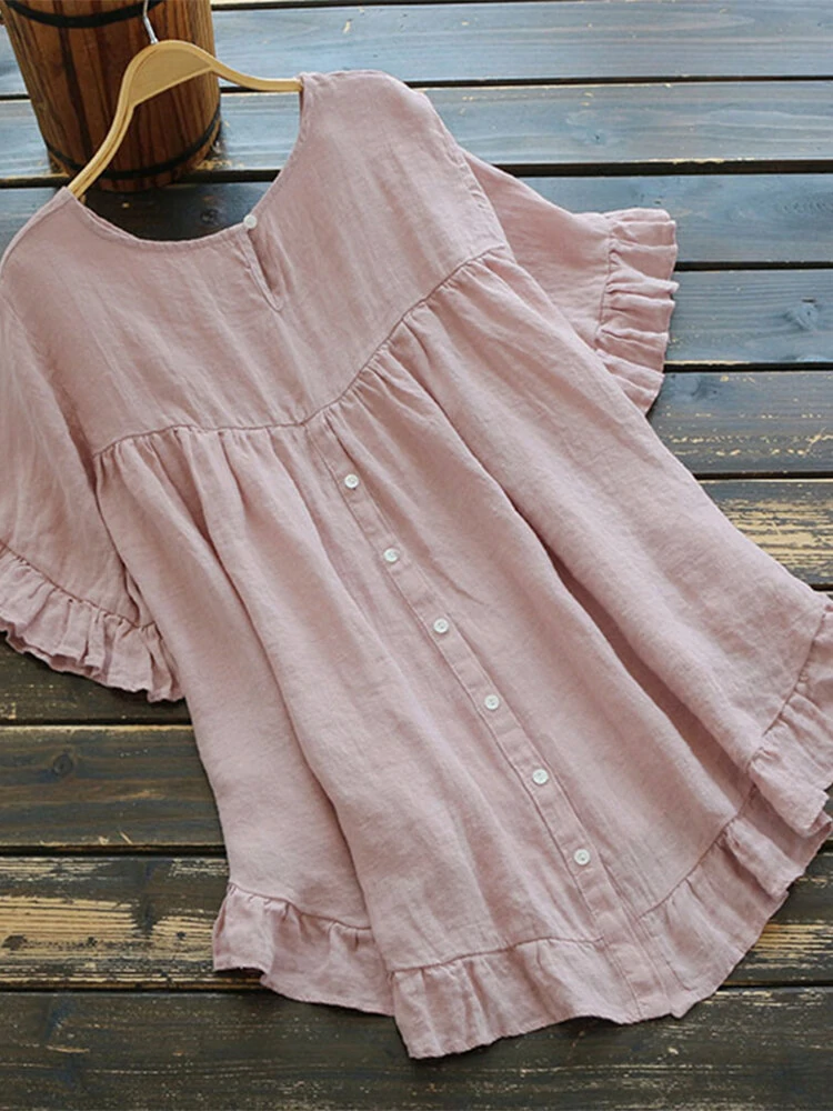 (image for) Solid Color O-neck Ruffle Sleeve Plain Casual Blouse For Women