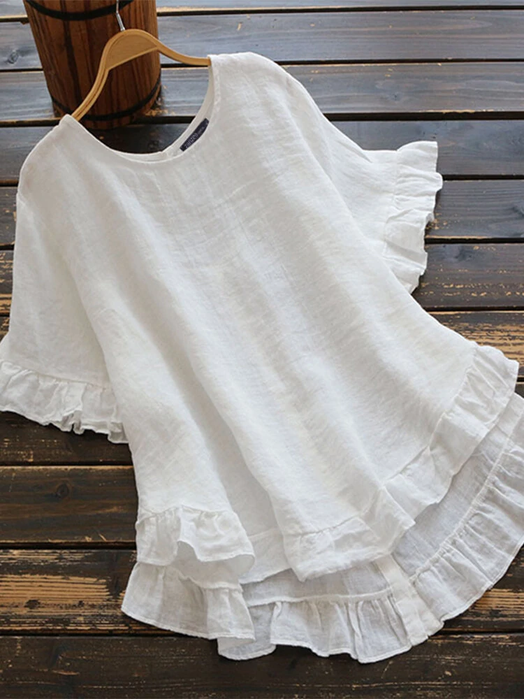 (image for) Solid Color O-neck Ruffle Sleeve Plain Casual Blouse For Women