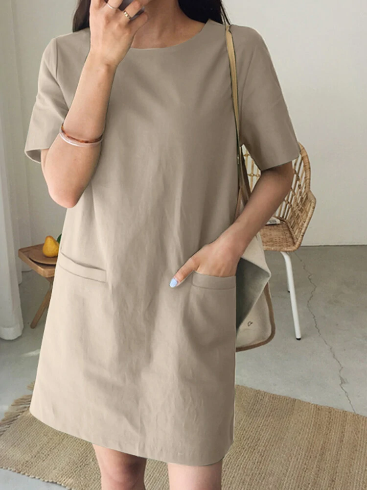 (image for) Solid Pocket Short Sleeve Casual Midi Dress