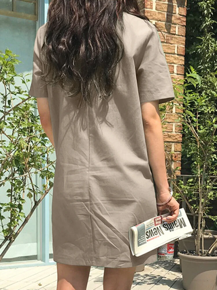 (image for) Solid Pocket Short Sleeve Casual Midi Dress