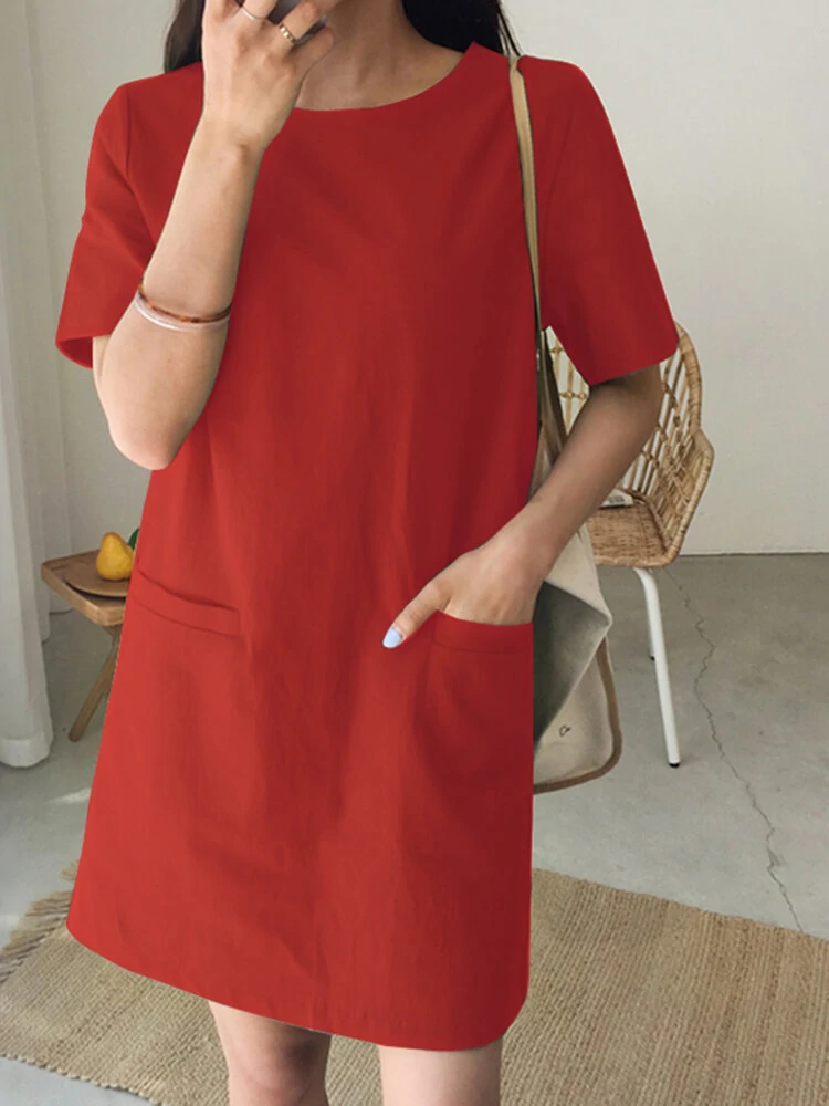 (image for) Solid Pocket Short Sleeve Casual Midi Dress