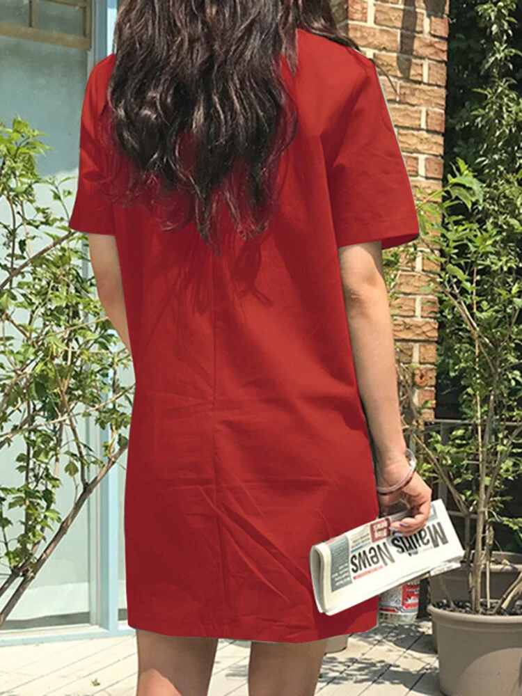 (image for) Solid Pocket Short Sleeve Casual Midi Dress