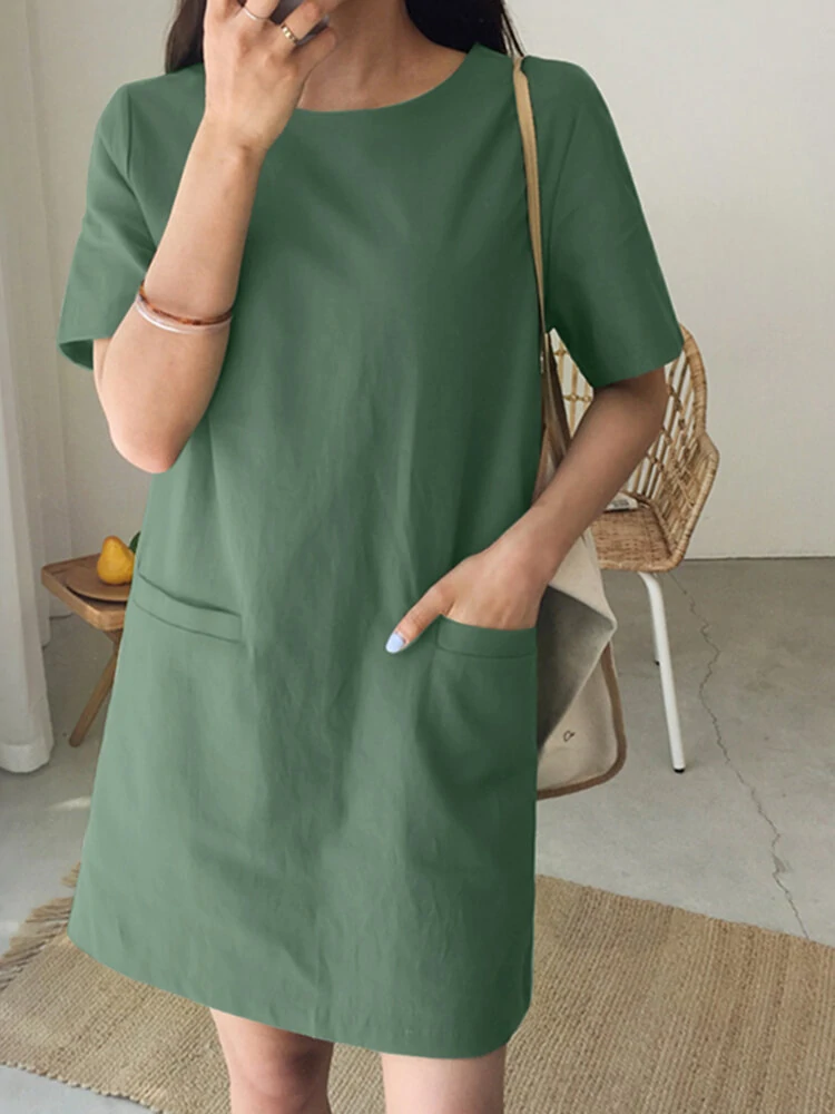 (image for) Solid Pocket Short Sleeve Casual Midi Dress