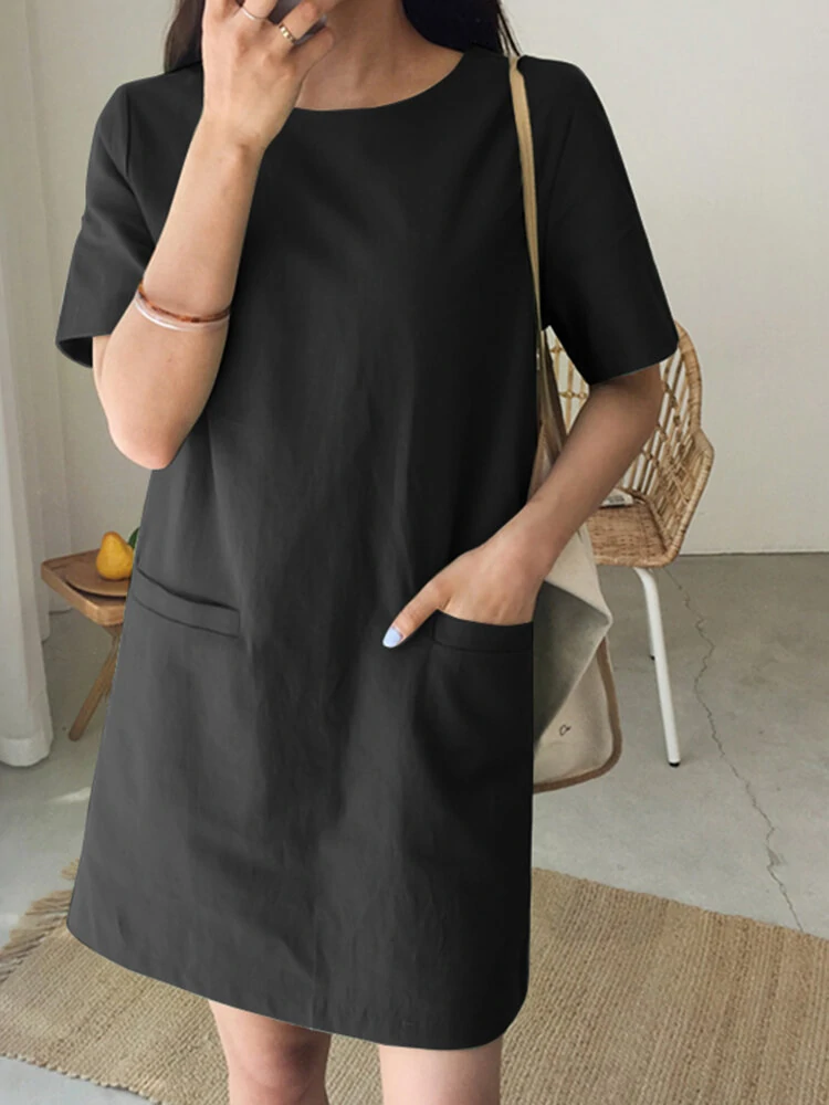 (image for) Solid Pocket Short Sleeve Casual Midi Dress