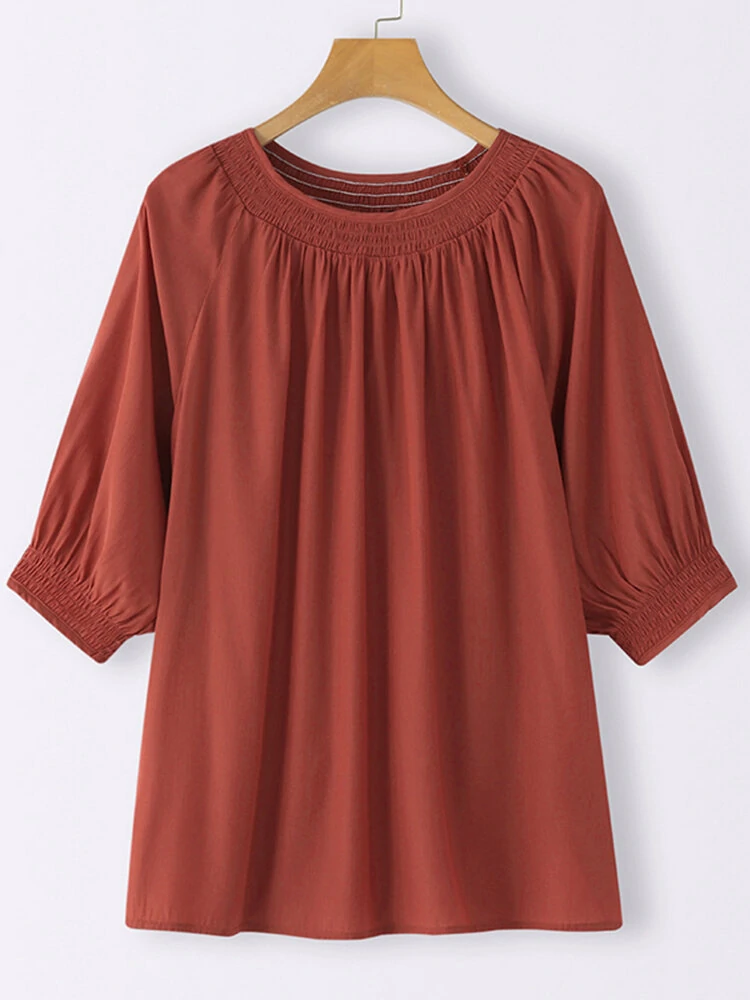 (image for) Solid Shirred Half Sleeve Crew Neck Loose Blouse