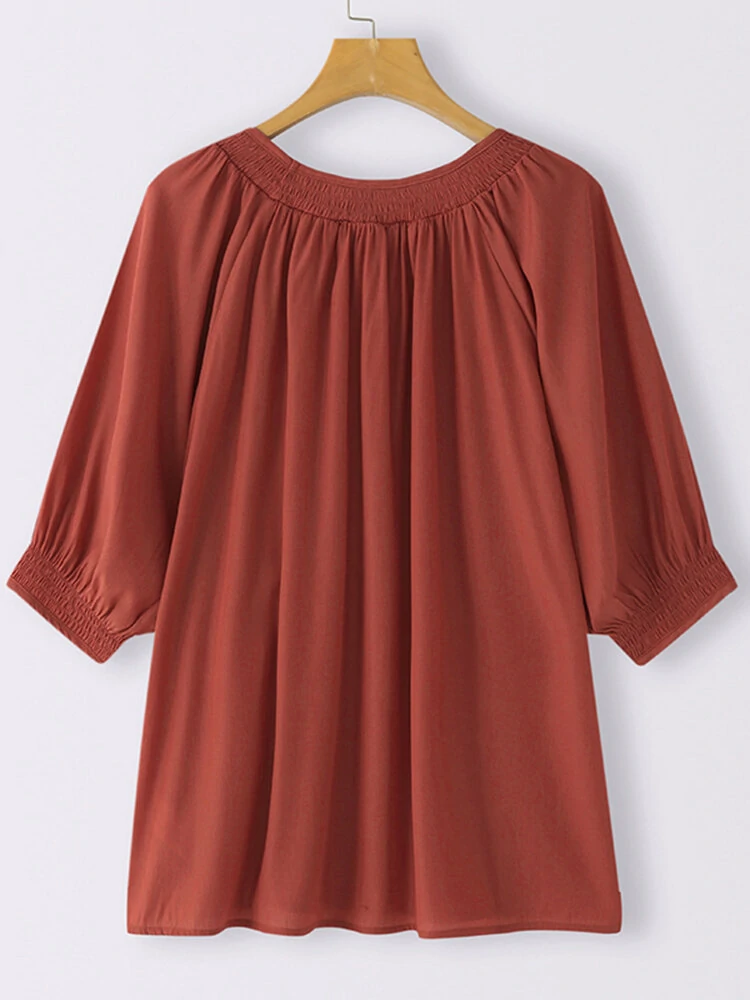 (image for) Solid Shirred Half Sleeve Crew Neck Loose Blouse
