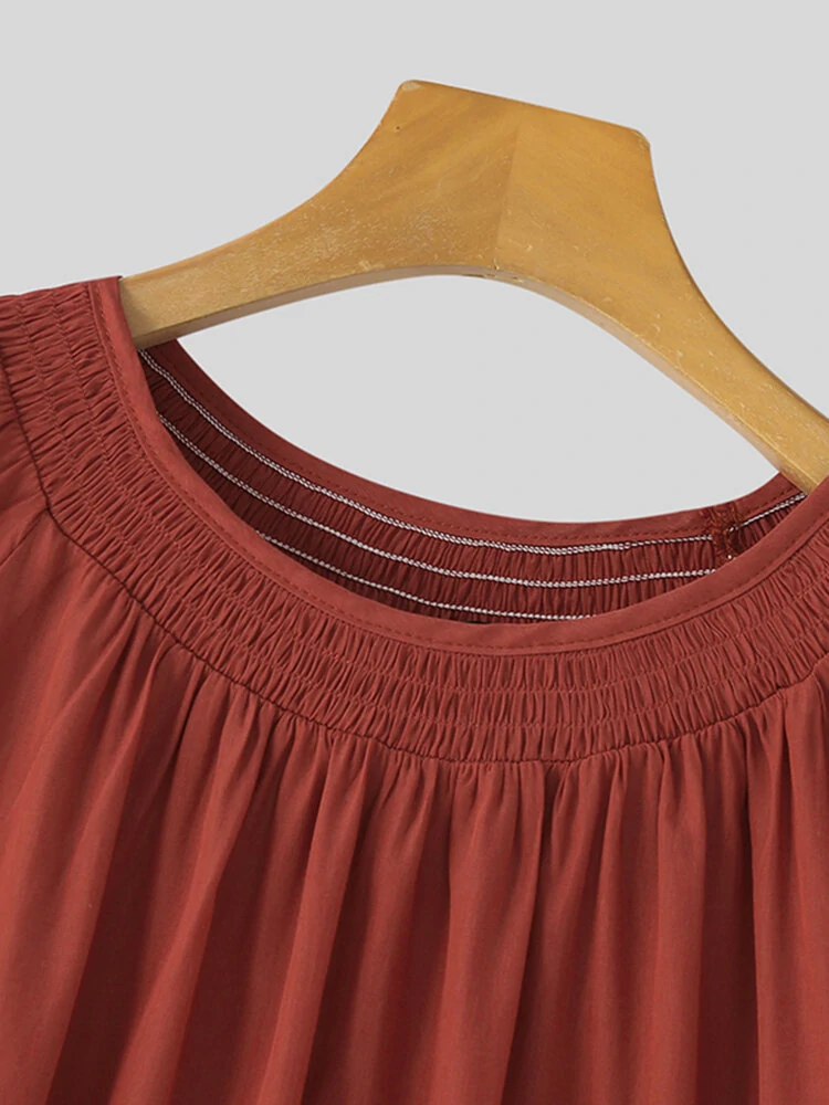 (image for) Solid Shirred Half Sleeve Crew Neck Loose Blouse