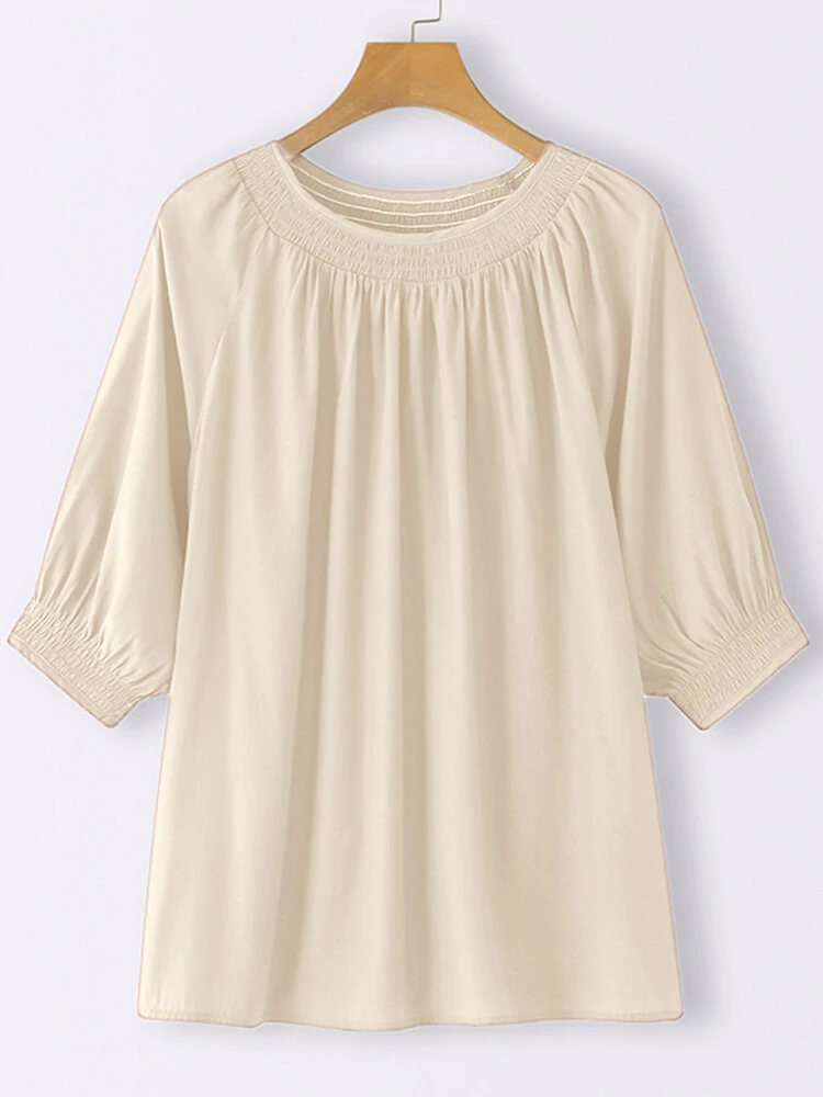 (image for) Solid Shirred Half Sleeve Crew Neck Loose Blouse