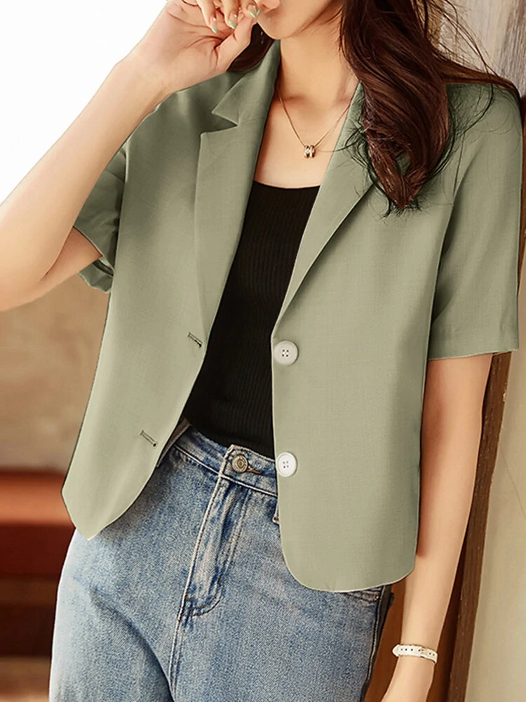 (image for) Solid Short Sleeve Lapel Casual Button Blazer