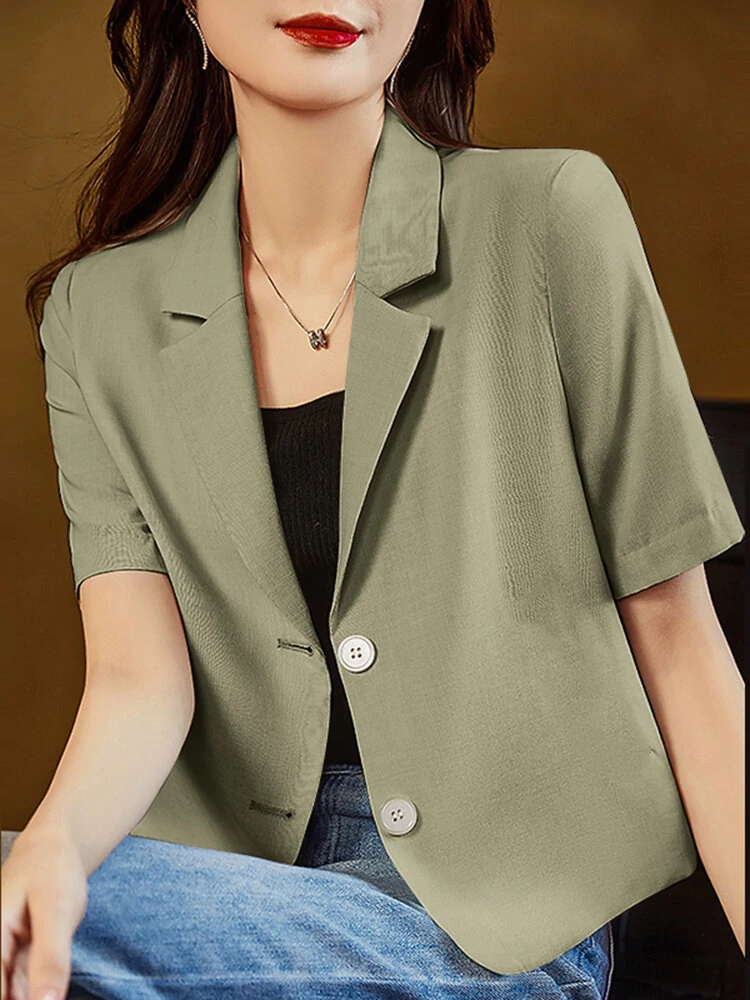 (image for) Solid Short Sleeve Lapel Casual Button Blazer