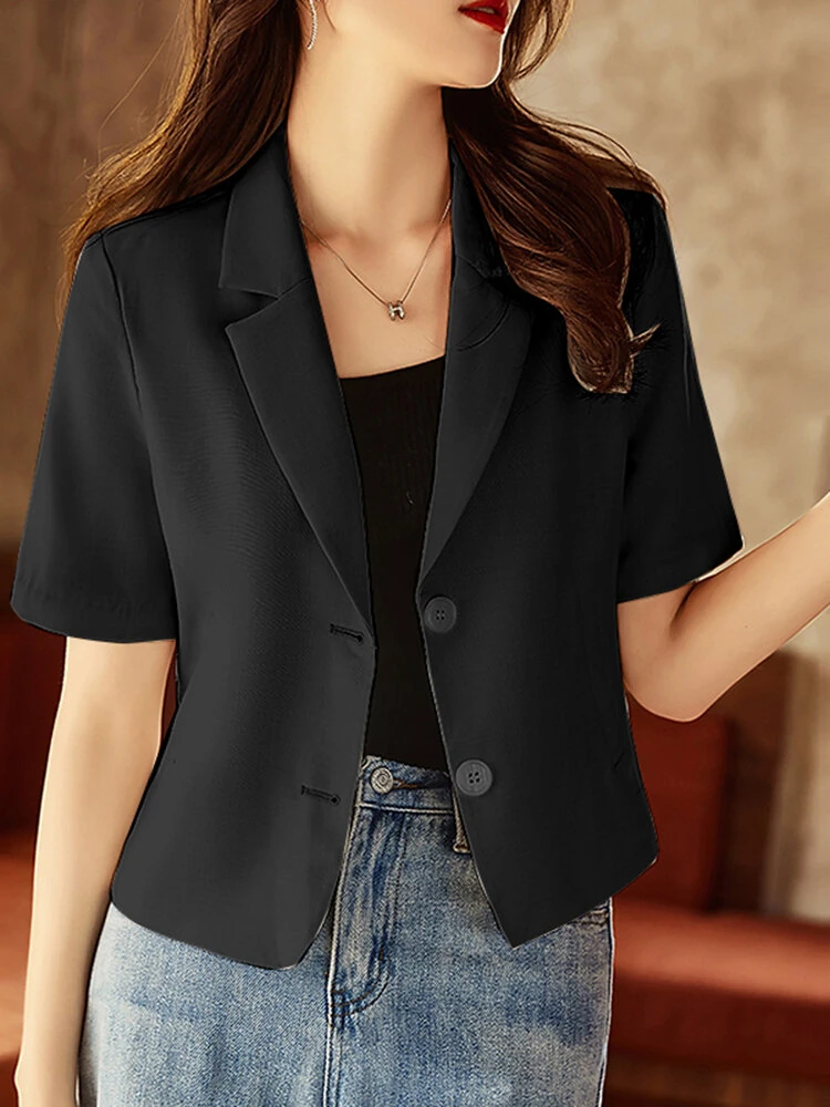 (image for) Solid Short Sleeve Lapel Casual Button Blazer