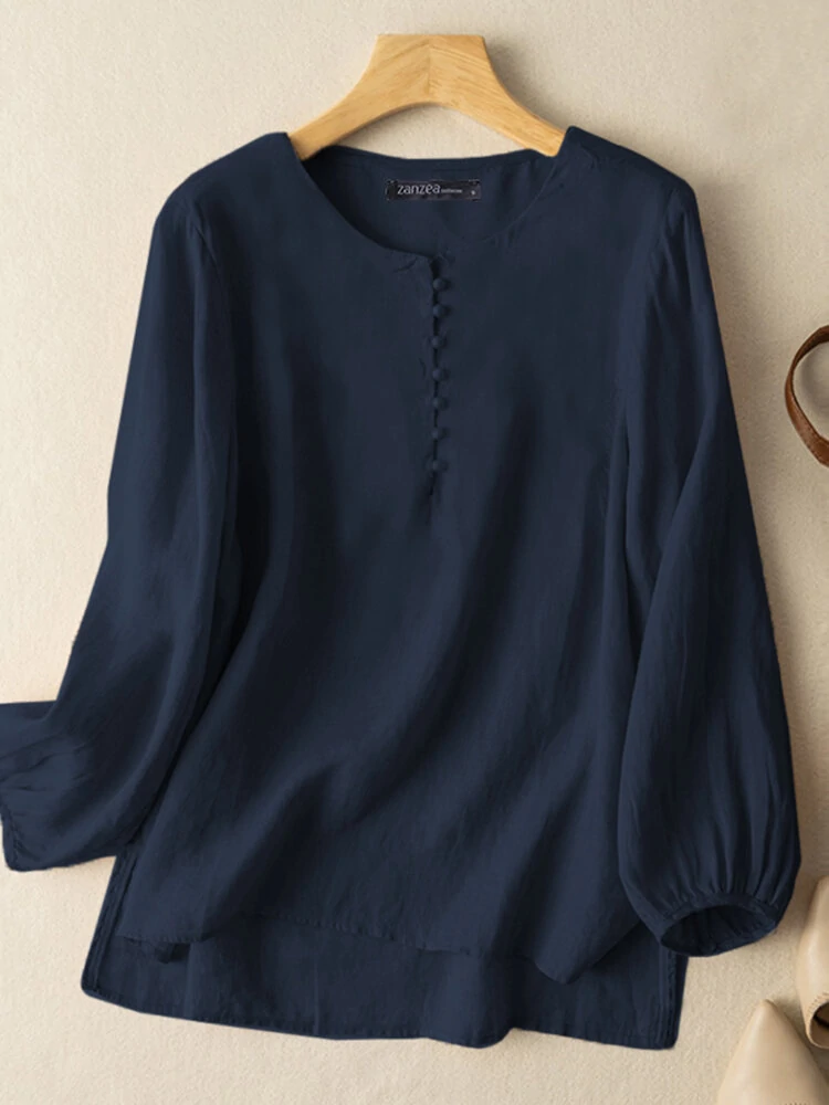 (image for) Solid Slit High-low Hem Crew Neck Long Sleeve Blouse