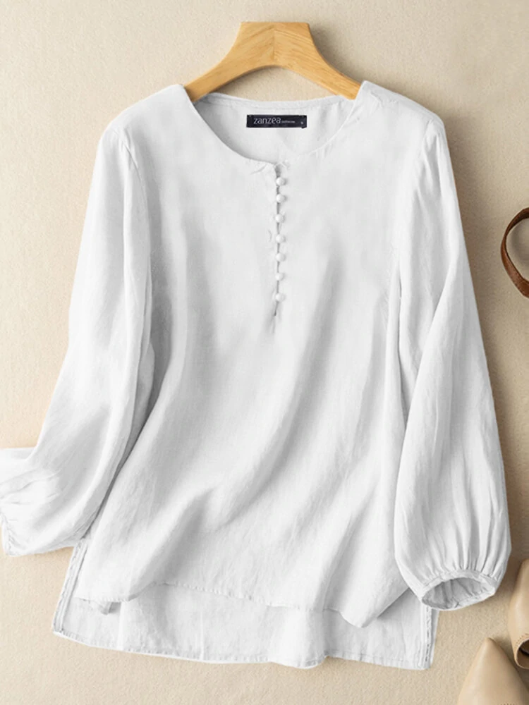 (image for) Solid Slit High-low Hem Crew Neck Long Sleeve Blouse