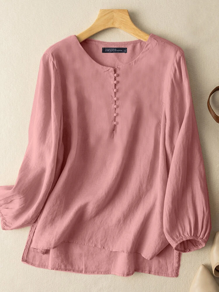 (image for) Solid Slit High-low Hem Crew Neck Long Sleeve Blouse