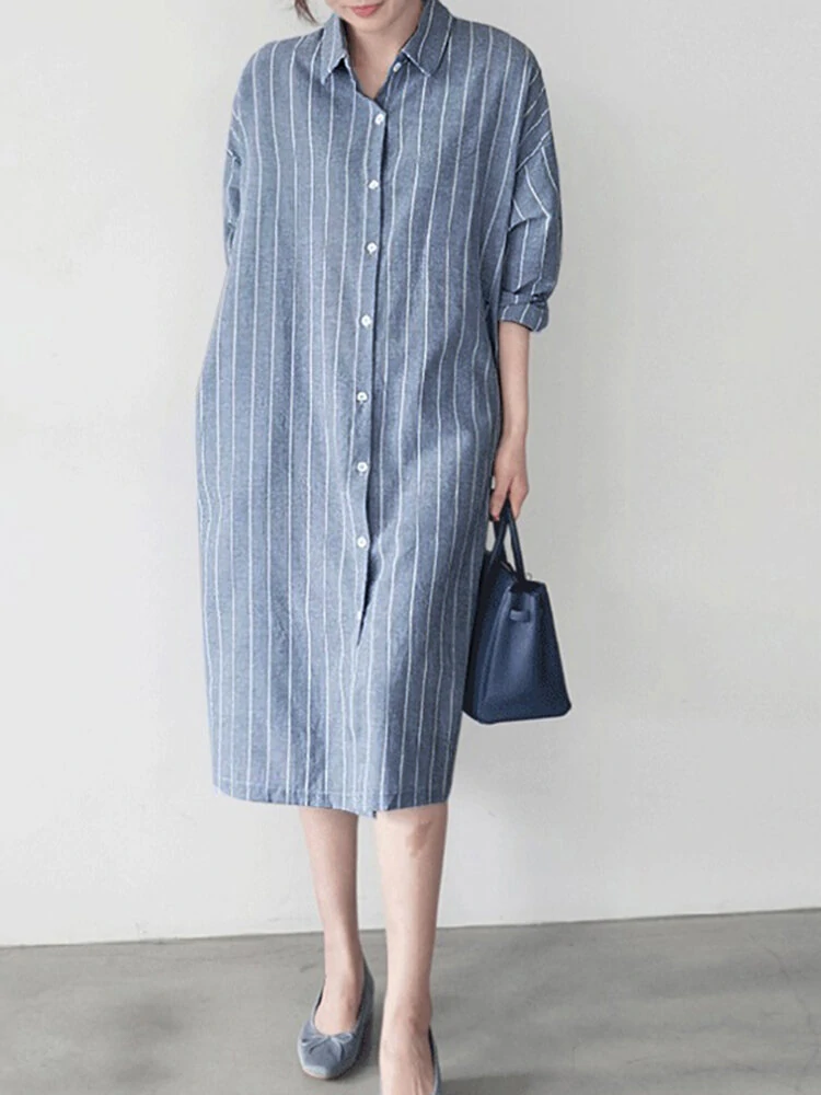 (image for) Stripe Button Lapel Casual Cotton Shirt Dress