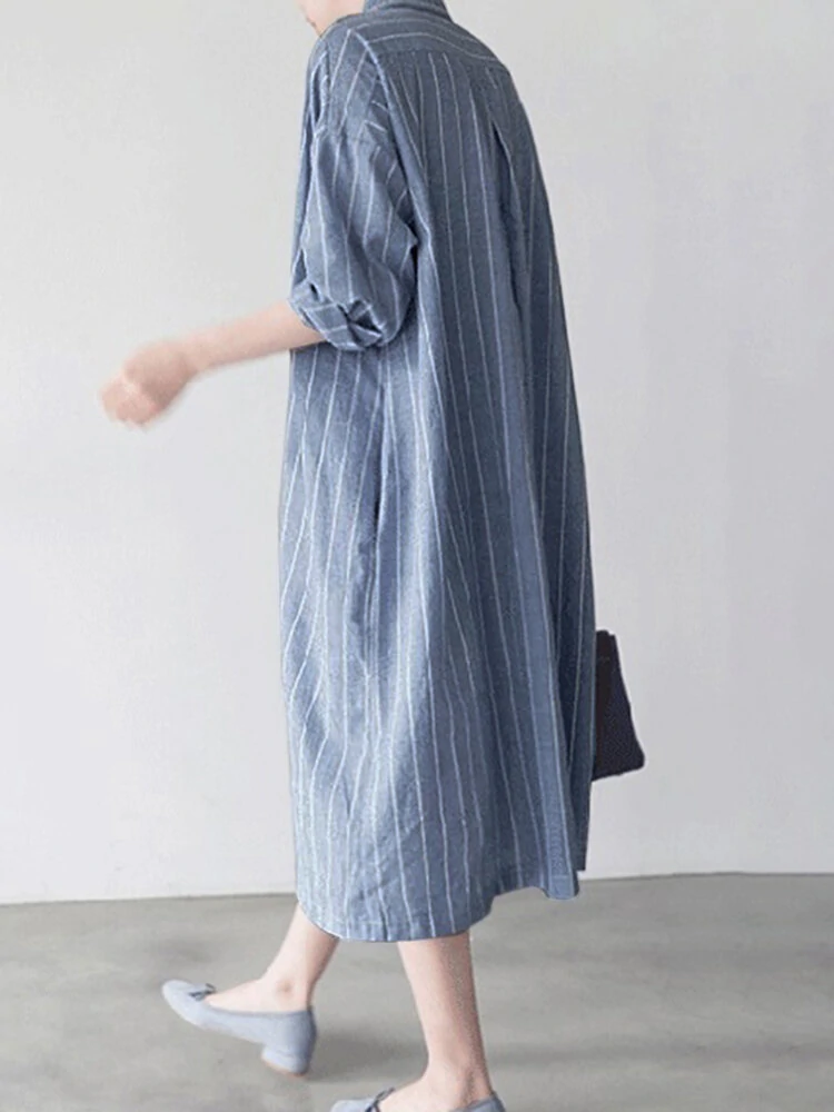(image for) Stripe Button Lapel Casual Cotton Shirt Dress