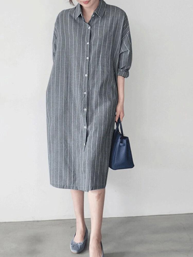 (image for) Stripe Button Lapel Casual Cotton Shirt Dress