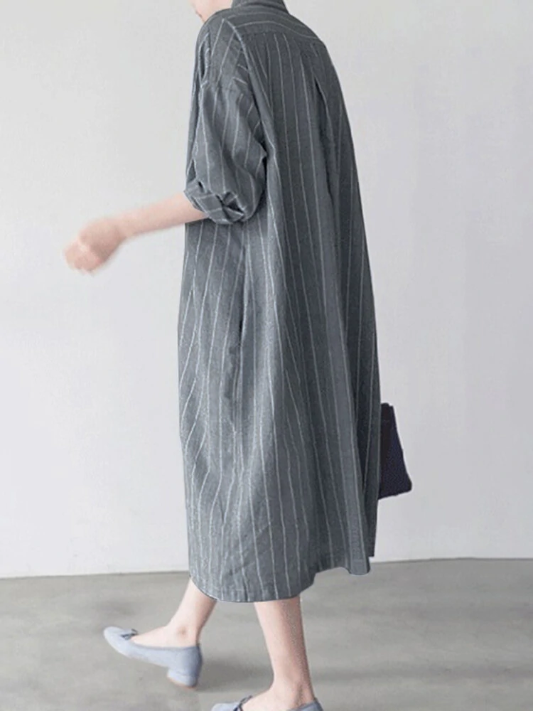 (image for) Stripe Button Lapel Casual Cotton Shirt Dress