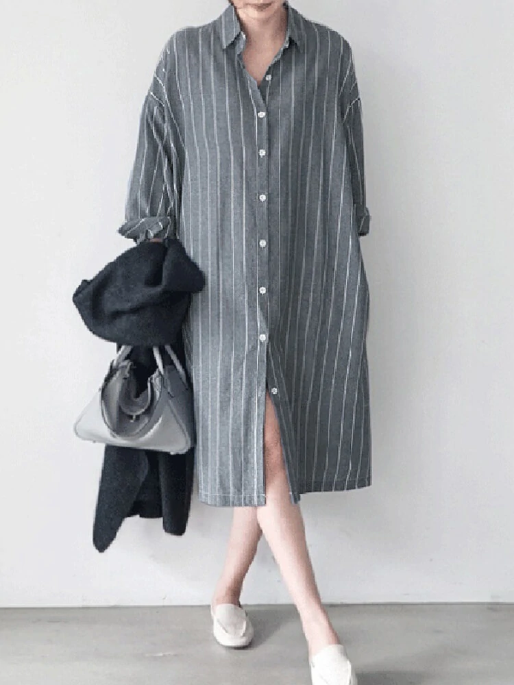 (image for) Stripe Button Lapel Casual Cotton Shirt Dress
