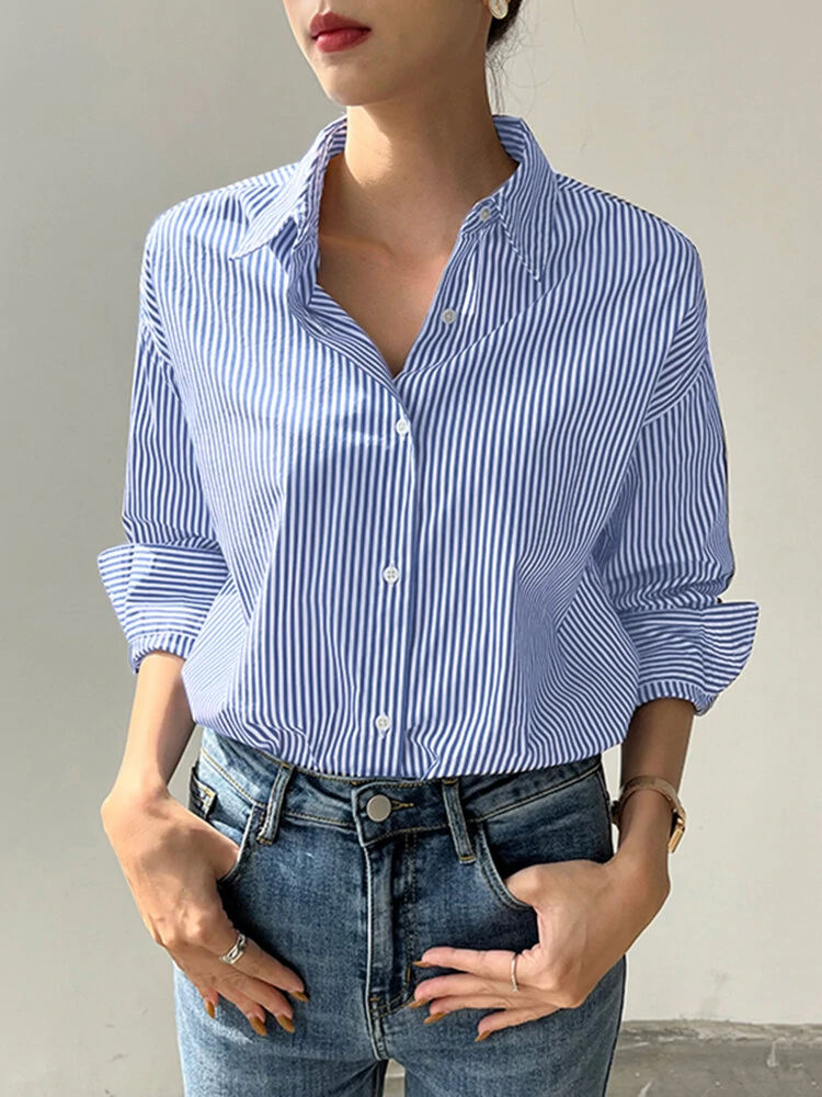 (image for) Stripe Print Long Sleeve Button Front Lapel Shirt