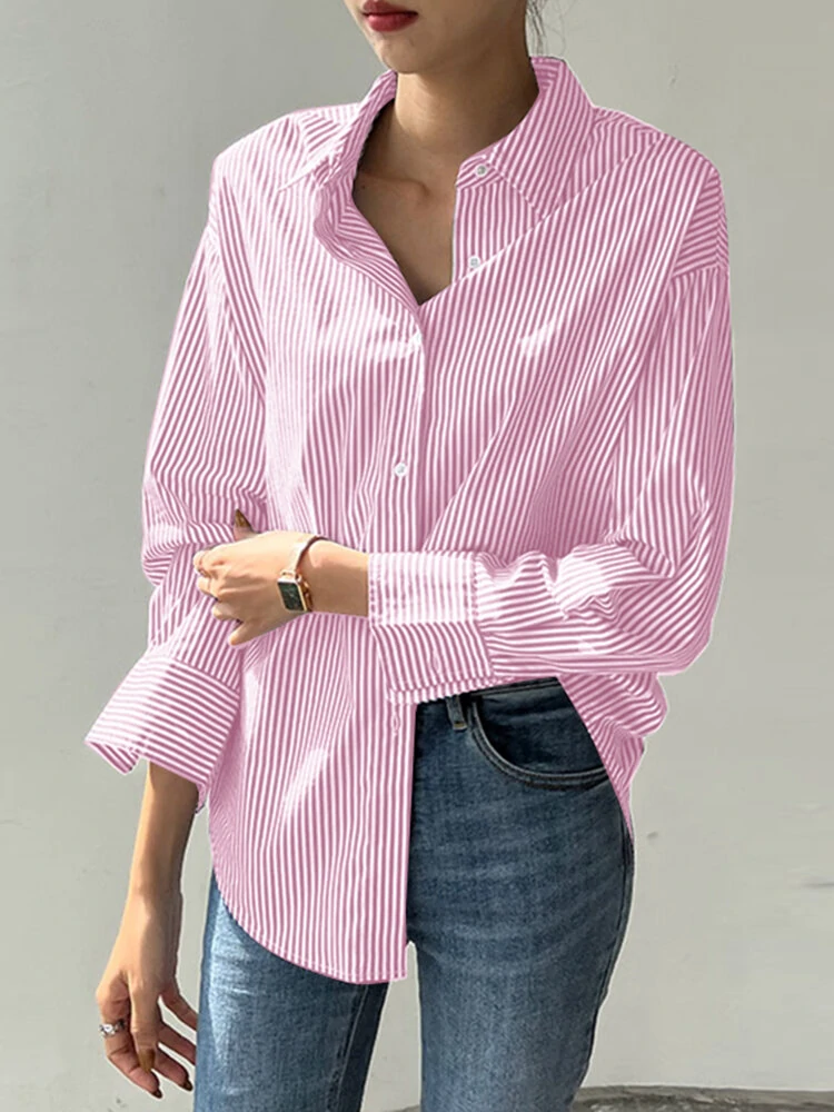 (image for) Stripe Print Long Sleeve Button Front Lapel Shirt