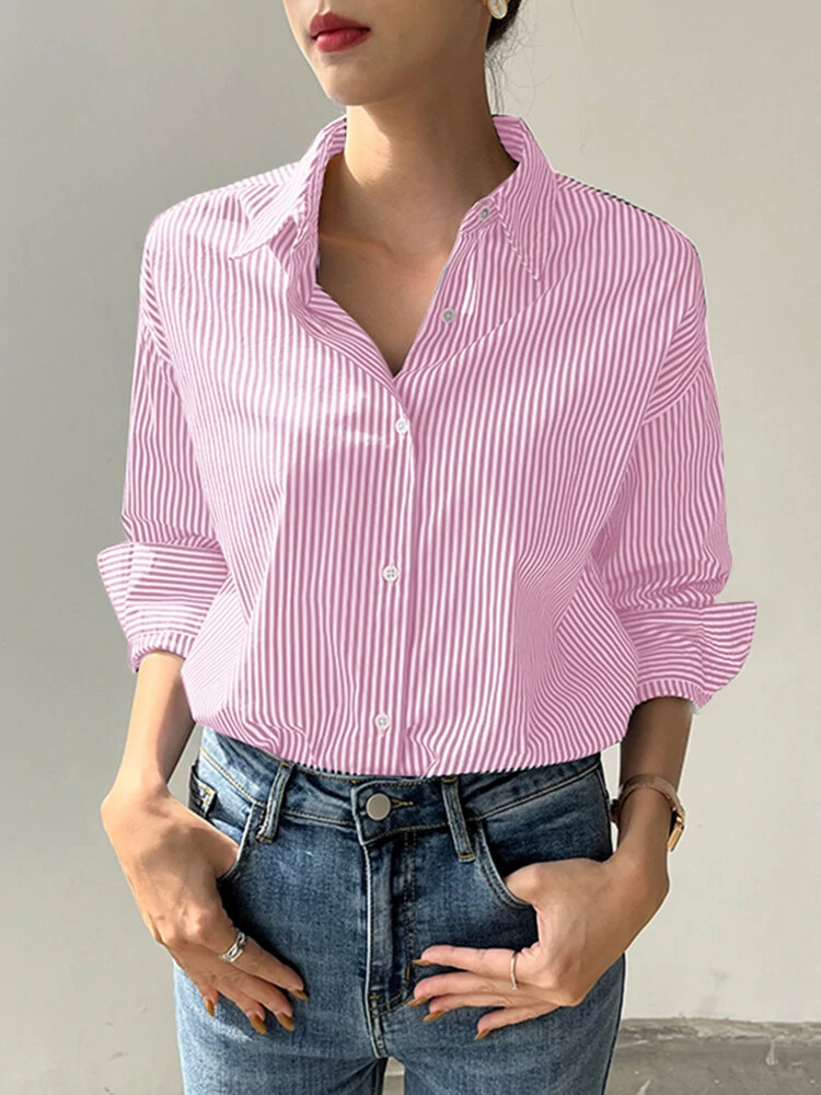 (image for) Stripe Print Long Sleeve Button Front Lapel Shirt