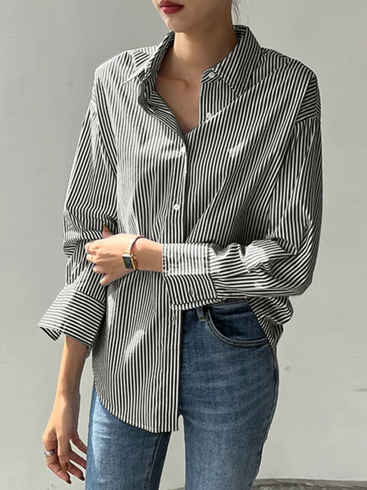 (image for) Stripe Print Long Sleeve Button Front Lapel Shirt
