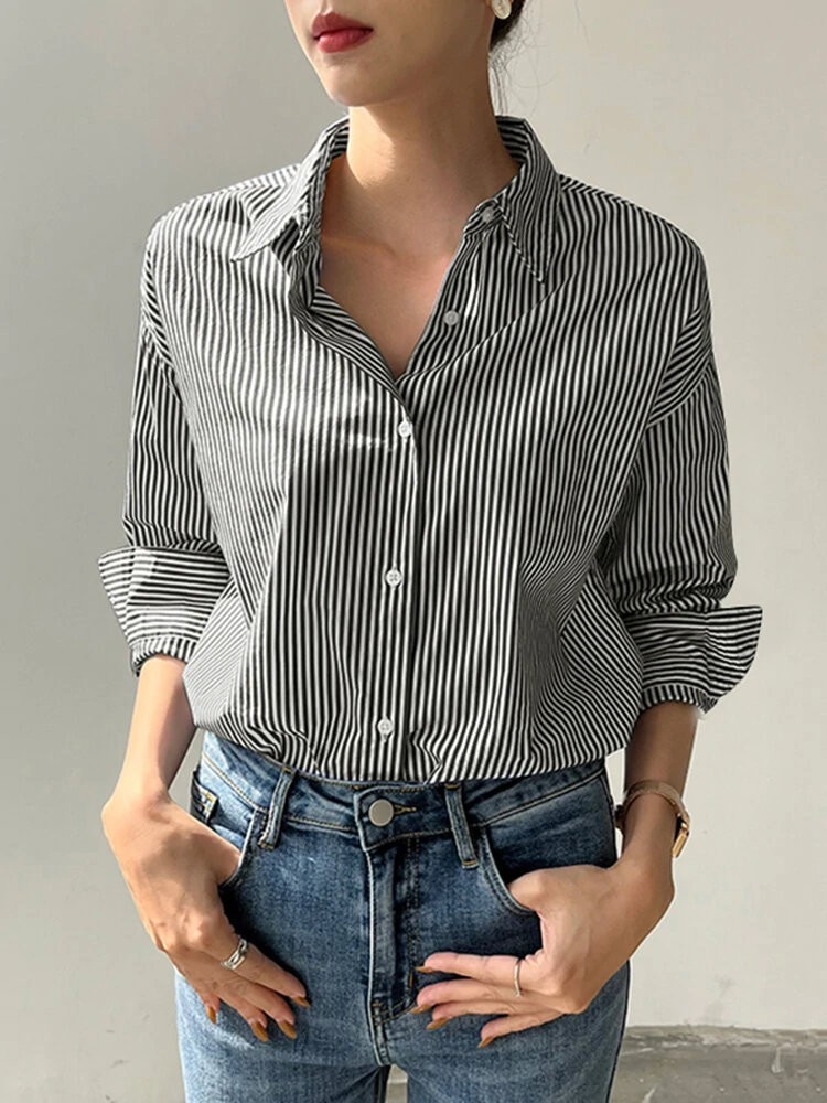 (image for) Stripe Print Long Sleeve Button Front Lapel Shirt