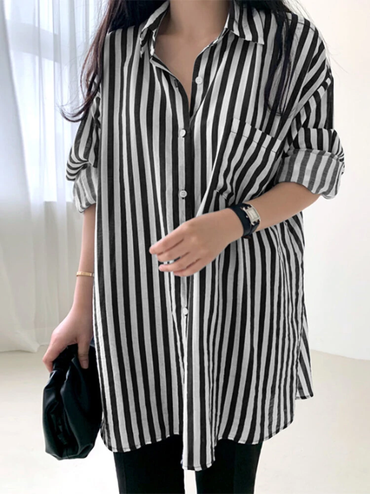 Stripe Print Pocket Long Sleeve Lapel Button Down Shirt (image for) Stripe Print Pocket Long Sleeve Lapel Button Down Shirt