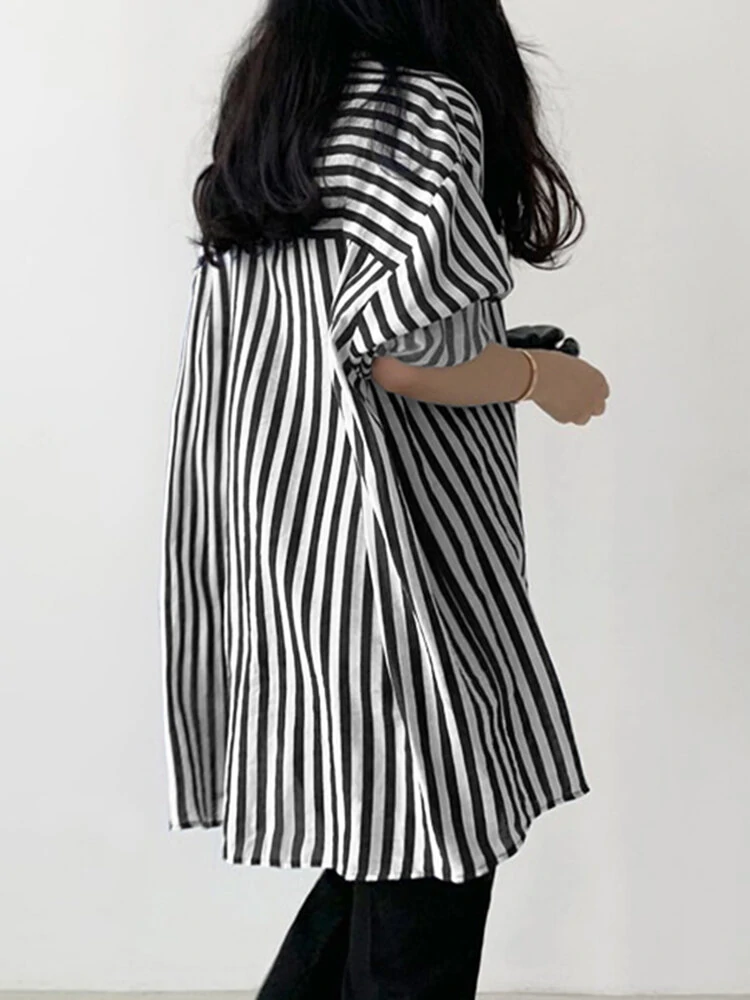 (image for) Stripe Print Pocket Long Sleeve Lapel Button Down Shirt