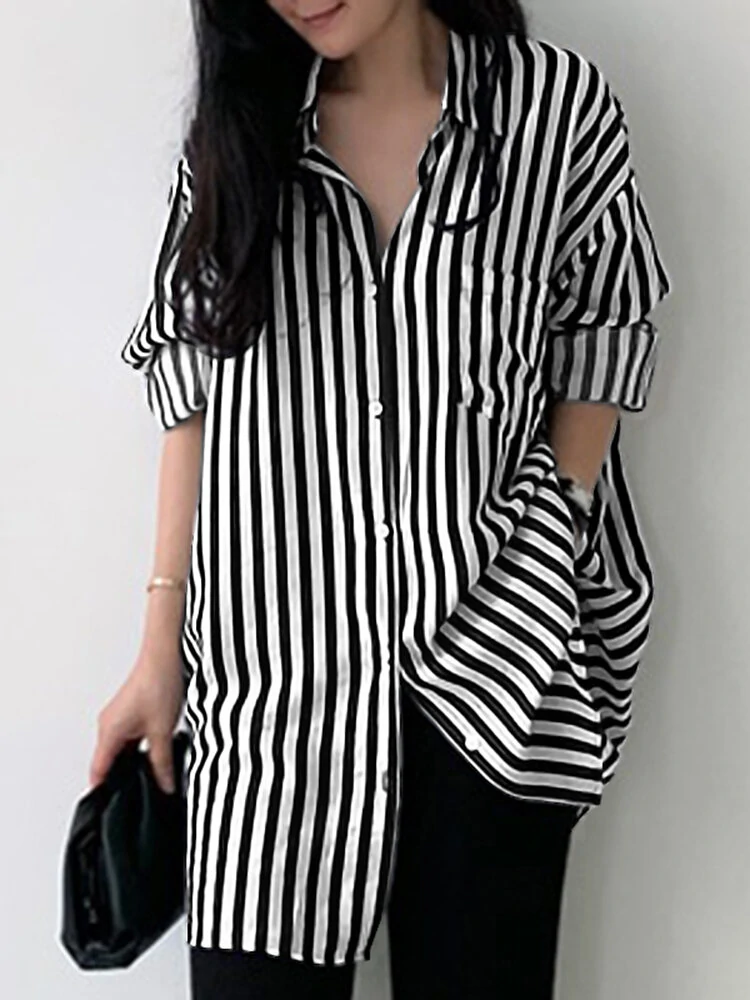 (image for) Stripe Print Pocket Long Sleeve Lapel Button Down Shirt