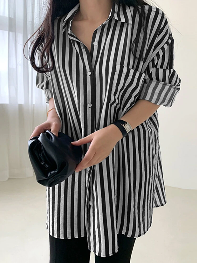 (image for) Stripe Print Pocket Long Sleeve Lapel Button Down Shirt