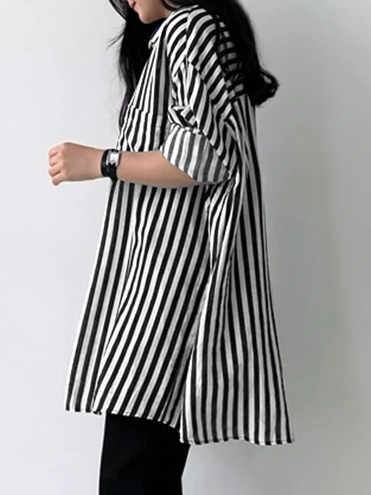 (image for) Stripe Print Pocket Long Sleeve Lapel Button Down Shirt