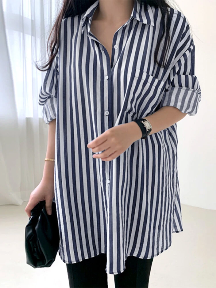 (image for) Stripe Print Pocket Long Sleeve Lapel Button Down Shirt