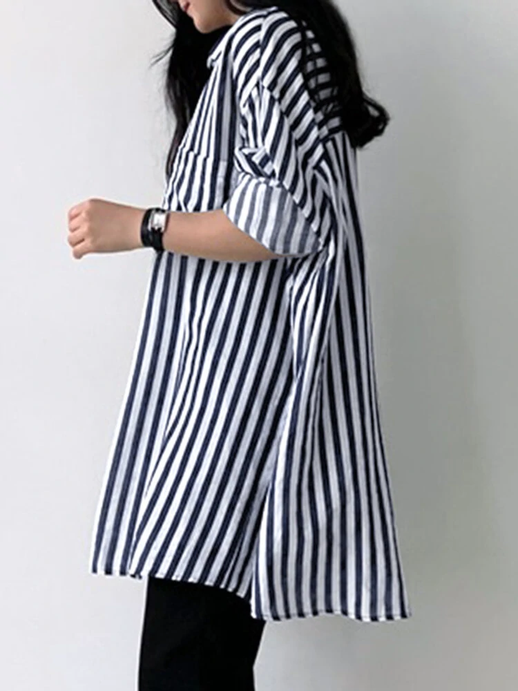 (image for) Stripe Print Pocket Long Sleeve Lapel Button Down Shirt