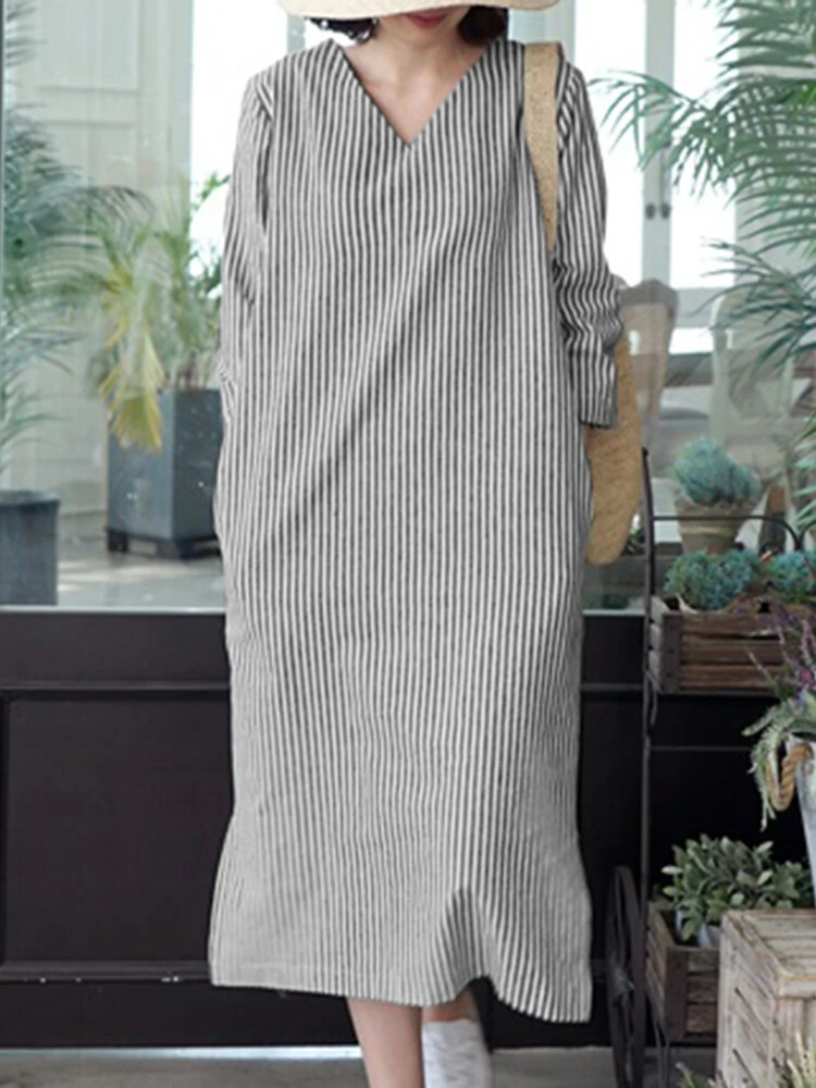 (image for) Stripe Print Slit Hem Pocket V-neck Dress