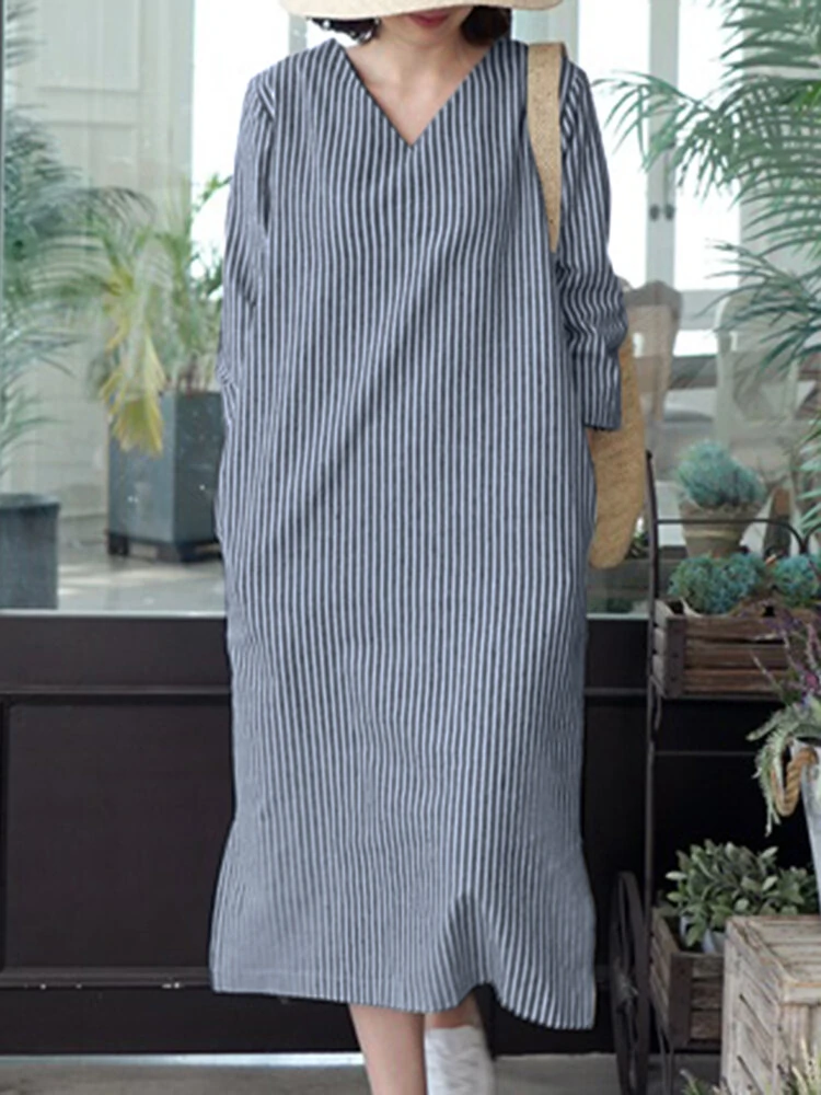 (image for) Stripe Print Slit Hem Pocket V-neck Dress