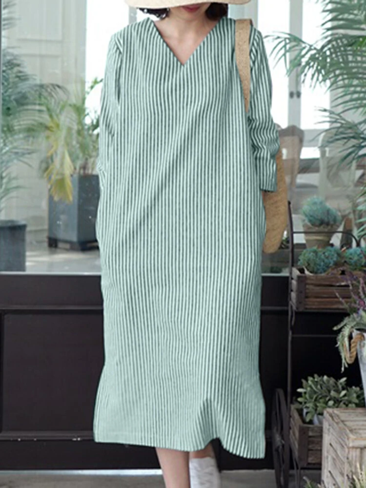(image for) Stripe Print Slit Hem Pocket V-neck Dress
