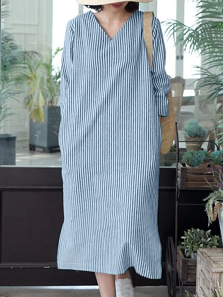 (image for) Stripe Print Slit Hem Pocket V-neck Dress