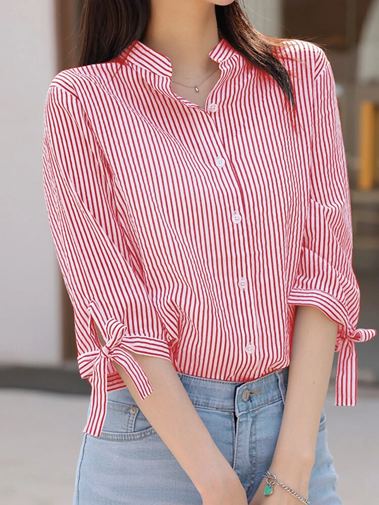 (image for) Stripe Print Tie-up At Cuffs Button Stand Collar Blouse