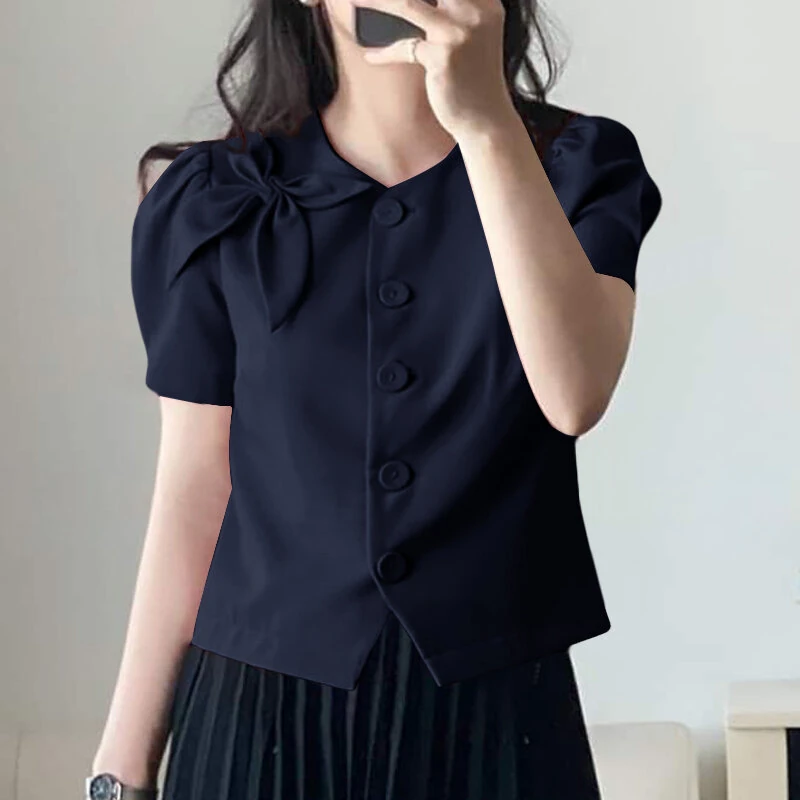 (image for) VONDA Womens Elegant Bowknot Decorate Puff Sleeve Blouses Temperament Button Shirts