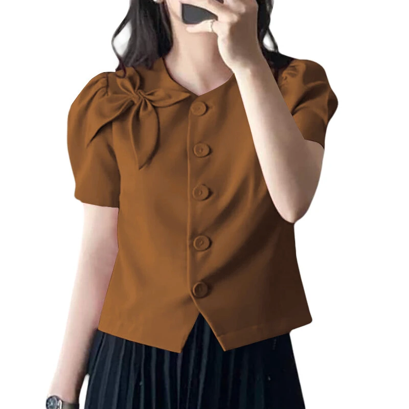 (image for) VONDA Womens Elegant Bowknot Decorate Puff Sleeve Blouses Temperament Button Shirts
