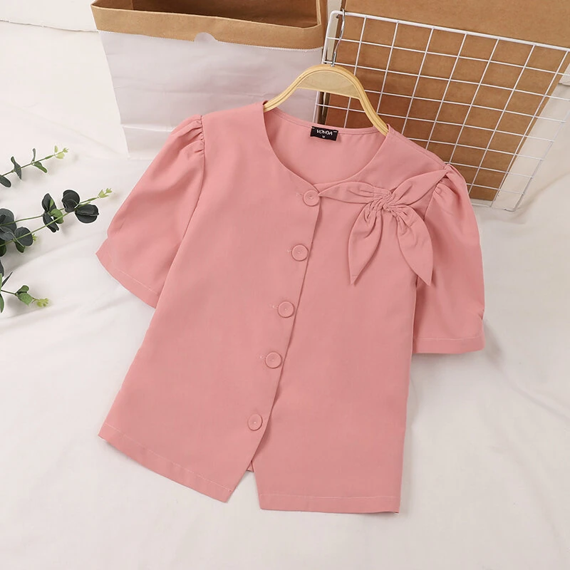 (image for) VONDA Womens Elegant Bowknot Decorate Puff Sleeve Blouses Temperament Button Shirts