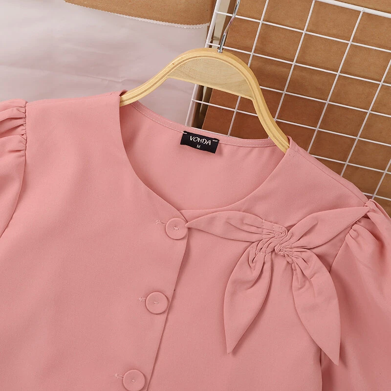 (image for) VONDA Womens Elegant Bowknot Decorate Puff Sleeve Blouses Temperament Button Shirts